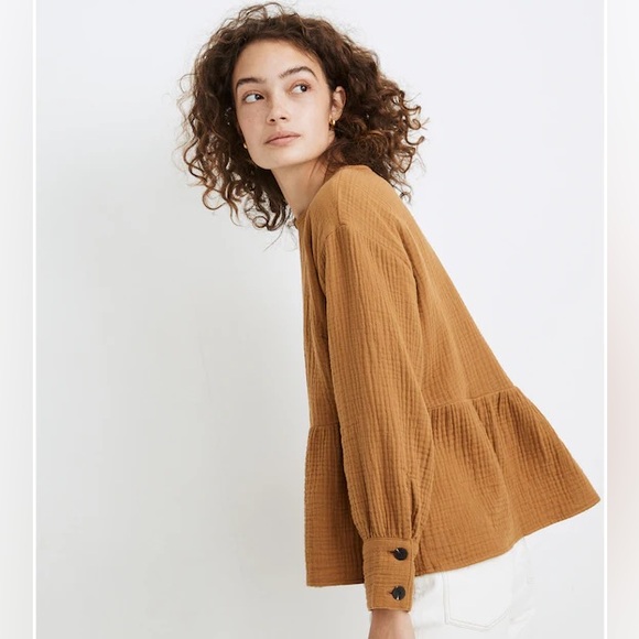 Madewell Lightspun Button-Back Peplum Top In Red Size Small Oversized Cotton - Picture 2 of 11